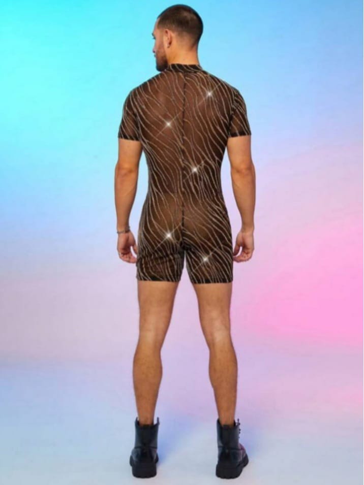 Men's Metallic Mesh Sheer Catsuit Lounge Romper